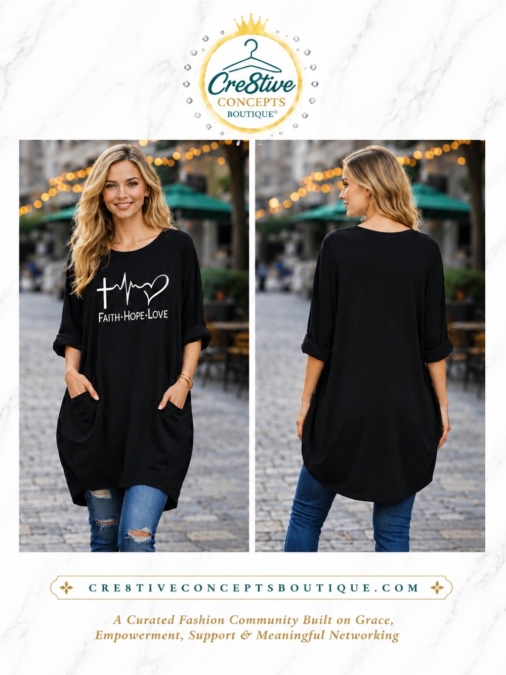 FAITH🫶🏻HOPE🫶🏻LOVE Beautiful Oversized Tunic Dress w/pockets-Black